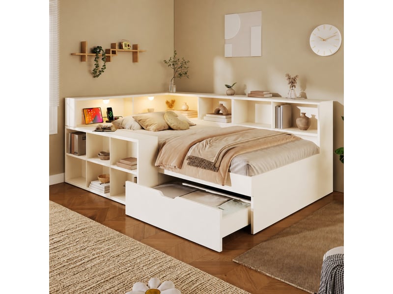 Lit banquette avec rangement 90x200 cm, tiroirs, étagères, 2 lampes de lecture, 3 ports usb et type-c, bois blanc Radiant Stride - Conforama D