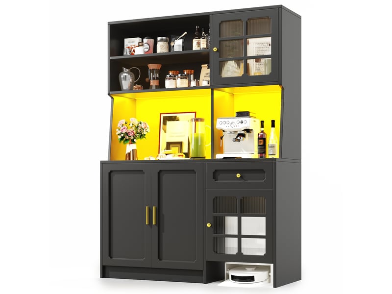  Vaisselier de cuisine 130 cm, armoire de cuisine haute noire avec éclairage led, sans matelas.  - Conforama E