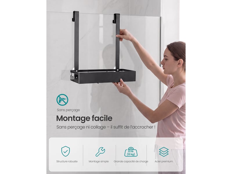 Étagère de douche à suspendre sans perçage en acier,noir d'encre - Conforama E