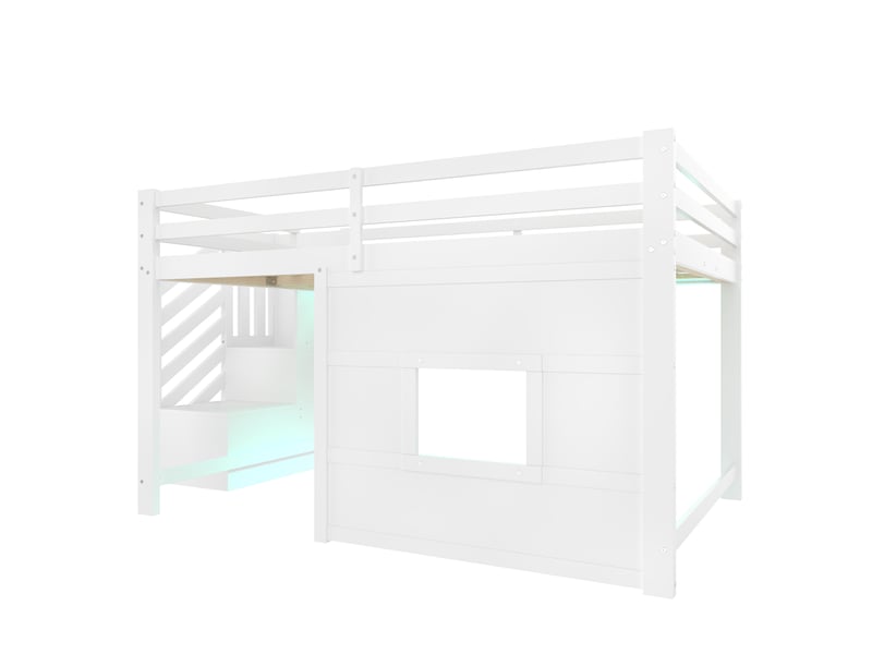 Lit mezzanine 140x200 cm blanc, avec escalier de rangement 2 compartiments, fenêtre, led, garde-corps, sommier inclus, sans matelas - Conforama D
