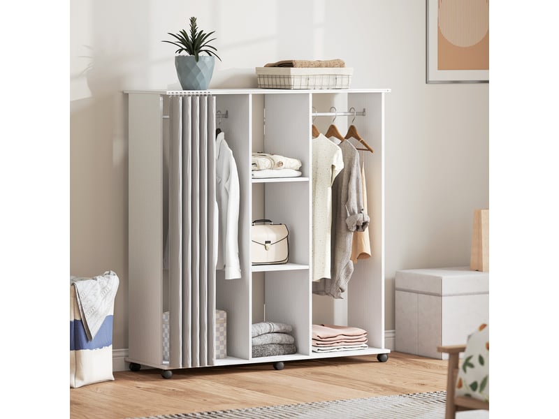  Armoire penderie meuble de rangement mobile 6 roulettes 120l x 40l x 128h cm en bois blanc  - Conforama B