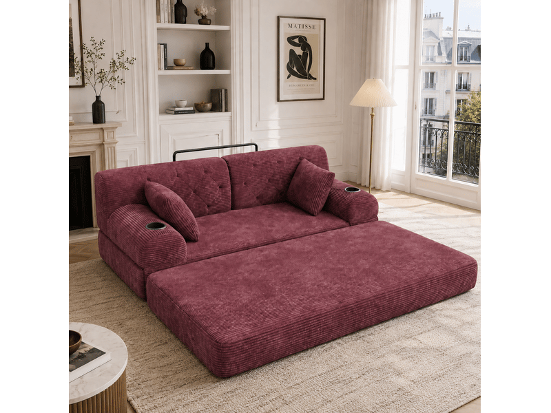 Canapé convertible compressé 3 places en velours côtelé rouge bordeaux avec porte-gobelets - Conforama D