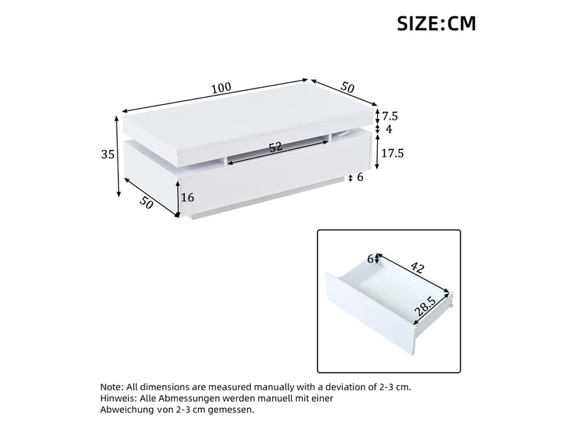  Table basse led 100 x 50 x 35 cm blanche brillante 2 tiroirs panneaux agglomérés usb rangement salon moderne chic pratique déco  - Conforama E