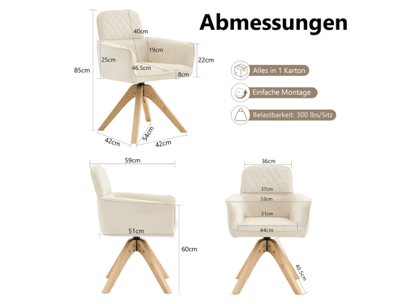  Ensemble de 2 chaises wabi-sabi pivot 360°, damier crème, pieds bois massif carrés – cuisine ouverte ou bureau  - Conforama C