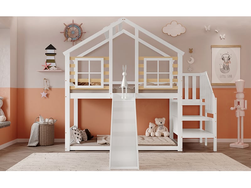  Lit mezzanine,90x200 cm,design maison,avec toboggan,barrière,bois massif et mdf,blanc et naturel  - Conforama B