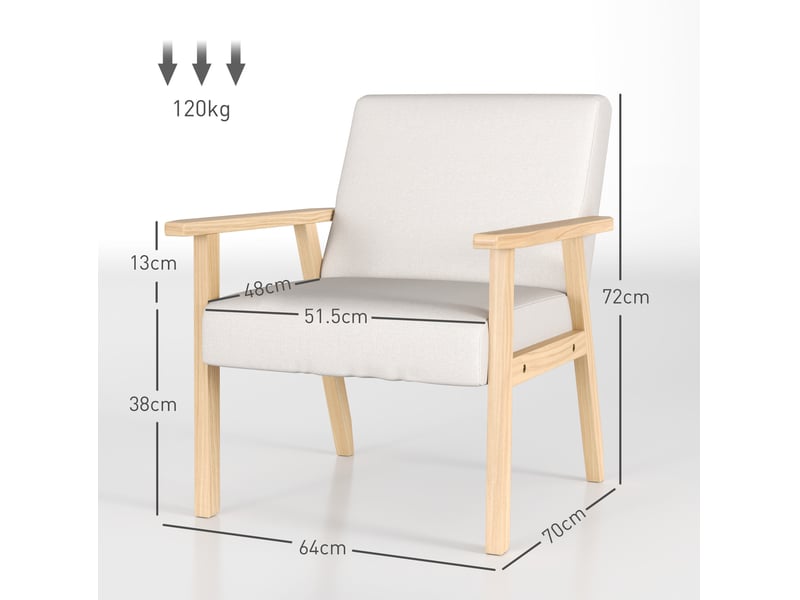  Fauteuil de détente avec accoudoirs et deux grands coussins, assise large et structure en bois, en lin blanc crème  - Conforama C