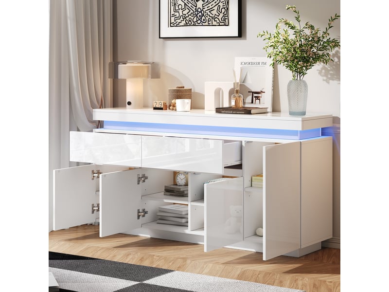  Buffet bas 140x35x72,5 cm blanc avec 2 tiroirs, 4 portes, led rgb Fay Lum - Conforama B