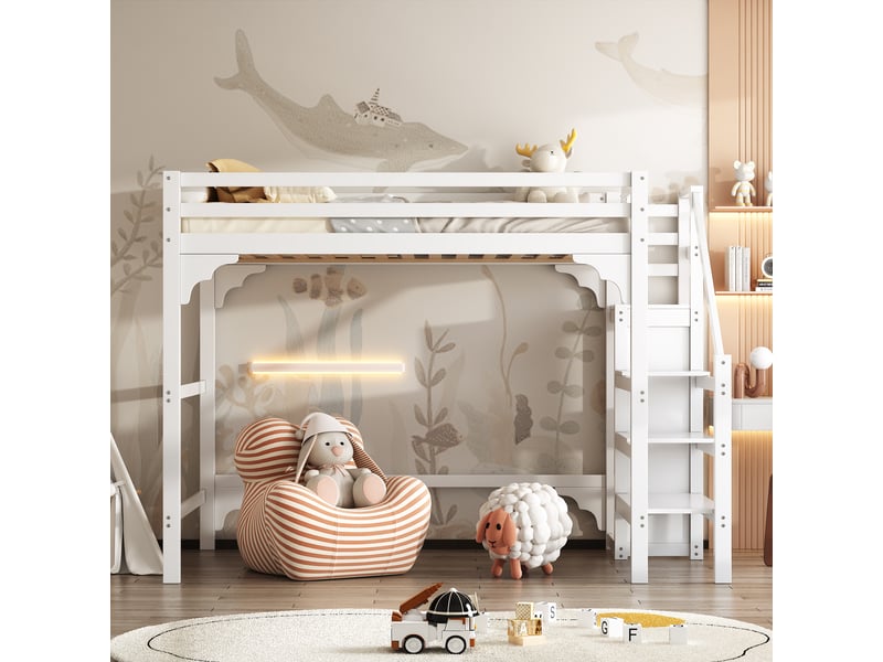 Lit mezzanine blanc 140x200 cm, escalier, armoire et rangements intégrés - Conforama B