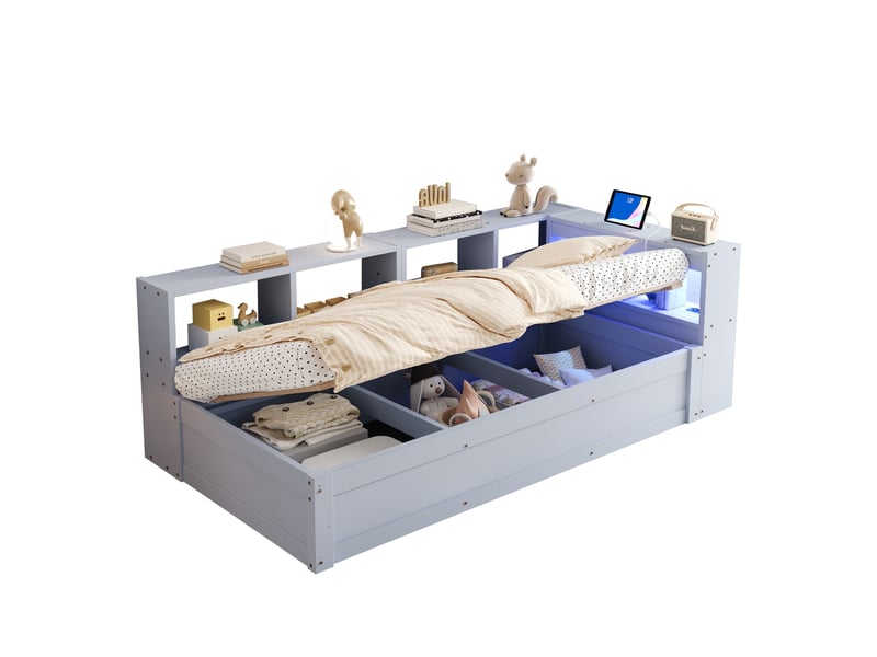  Canapé-lit 90x200 cm, lit enfant, couchage d'appoint, rangement hydraulique, led, bois gris, prise intégrée  - Conforama B