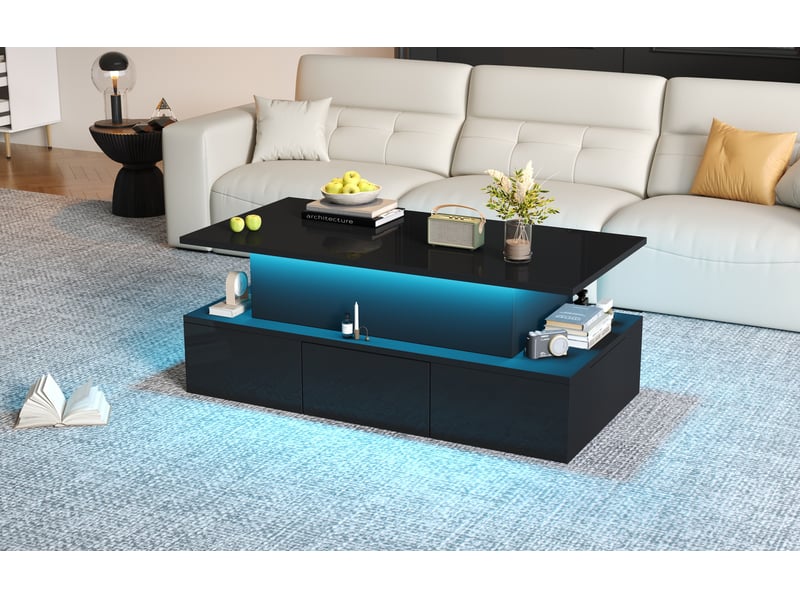  Table basse relevable noire avec 4 tiroirs et led, plateau laqué brillant, espace de rangement caché, mdf  - Conforama D