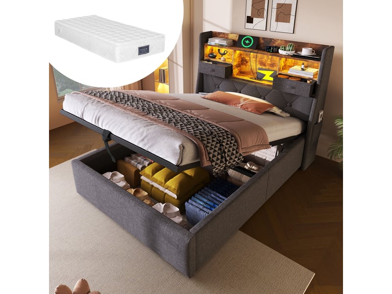  Lit coffre 90x200 avec matelas ressorts ensachés, led connectée app et stockage sous cadre  - Conforama B