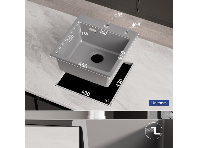  Cecipa max évier de cuisine - évier en granit gris 45×45 cm - évier - évier de cuisine à poser  - Conforama E
