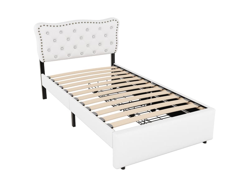  Lit rembourré beige clair 90x200 cm avec détails cloutés et 2 tiroirs de rangement  - Conforama D