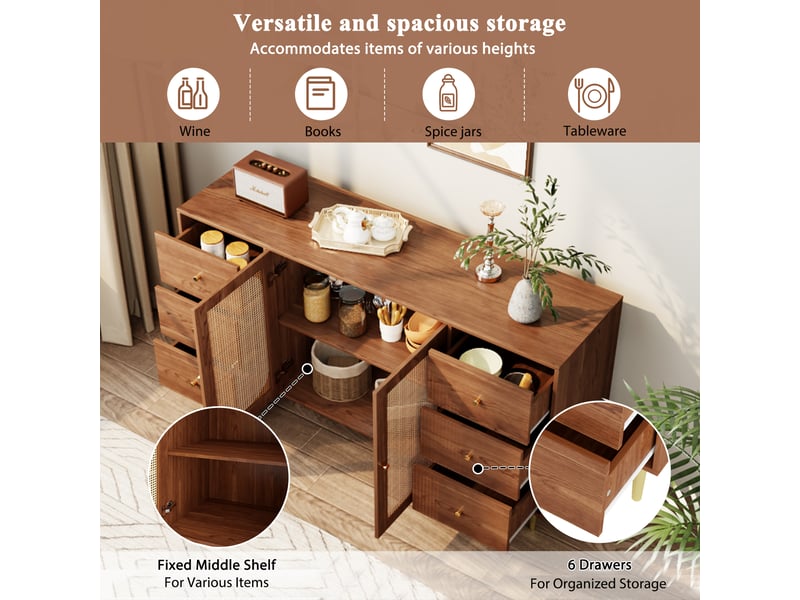Buffet avec 2 portes et 6 tiroirs en mdf pour salle à manger 160×40×90 cm finition bois - Conforama C