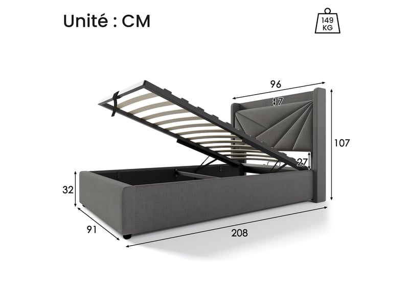 Lit coffre 90x200 cm - lit simple capitonné avec sommier à lattes - coton bois métal - sans matelas - gris  - Conforama C