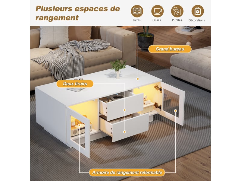 Table basse 100x50x40 cm avec led rgb via appli, 2 tiroirs, 2 portes vitrées, fermeture douce, finition blanc brillant, mdf, pour salon - Conforama E