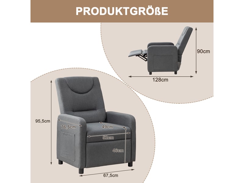  Fauteuil relax inclinable gris, dossier réglable, repose-pieds rabattable, assise rembourrée pour salon et lecture  - Conforama C