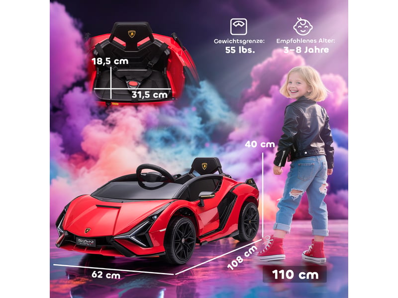  Voiture électrique enfant 12v, télécommande 2,4 ghz, 2 moteurs, klaxon, led, musique, 3-5 ans, rouge.  - Conforama E