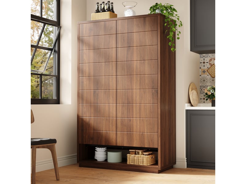 Buffet haut à 2 portes 100x40x162,5 cm, 8 compartiments ouverts, ouverture par pression, mdf et métal, couleur marron - Conforama E