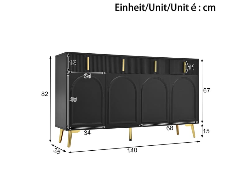  Buffet bas modenvie noir 140 x 38 x 82 cm 4 portes 4 tiroirs mdf  - Conforama C