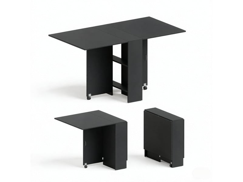 Table extensible avec plateau rabattable, rangement central et roulettes de frein pour salle à manger et cuisine - Conforama A