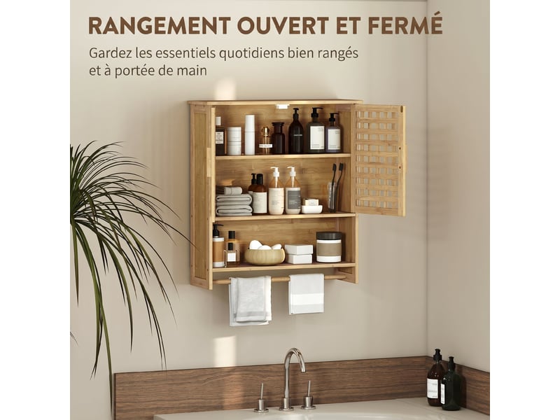 Armoire murale salle de bain style natural bamboo 2 portes étagère niche porte serviette - Conforama D