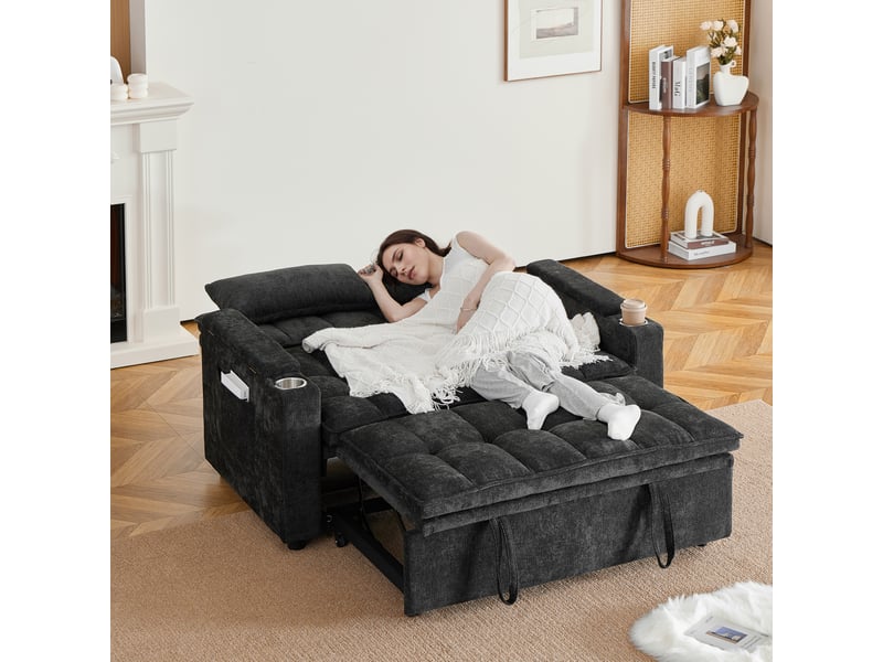  Canapé convertible 3 en 1 142 cm avec porte-gobelets, chenille noir  - Conforama E