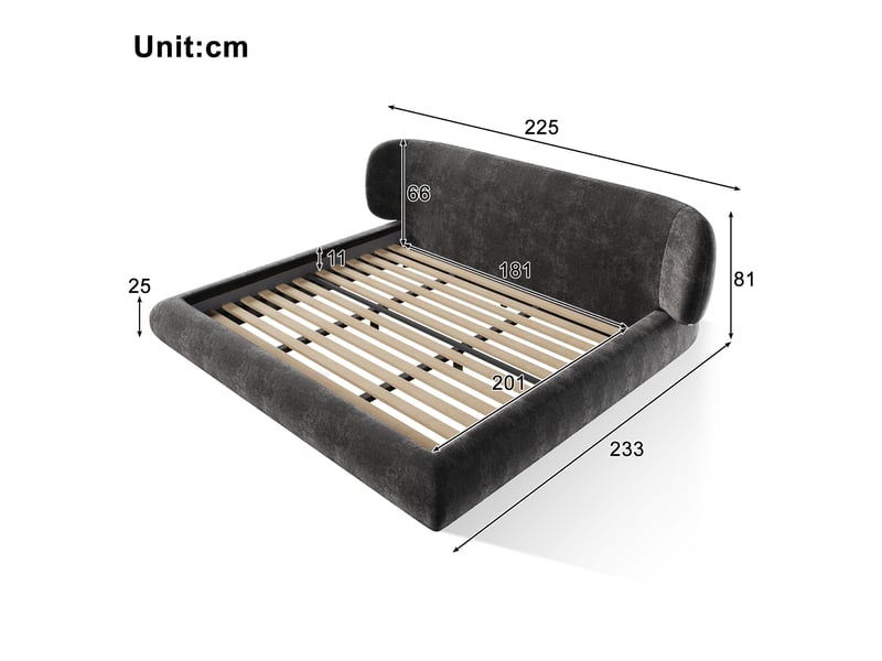  Lit rembourré 180 × 200 cm 2 places avec tête de lit, sommier et coins arrondis, sans matelas, chenille gris  - Conforama D