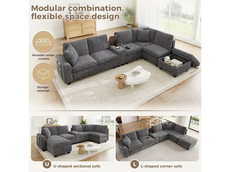 Canapé d'angle modulable 6 places 311x139x85cm, pouf coffre, console amovible, 2 porte-gobelets, usb et usb-c, velours côtelé - gris - Conforama C