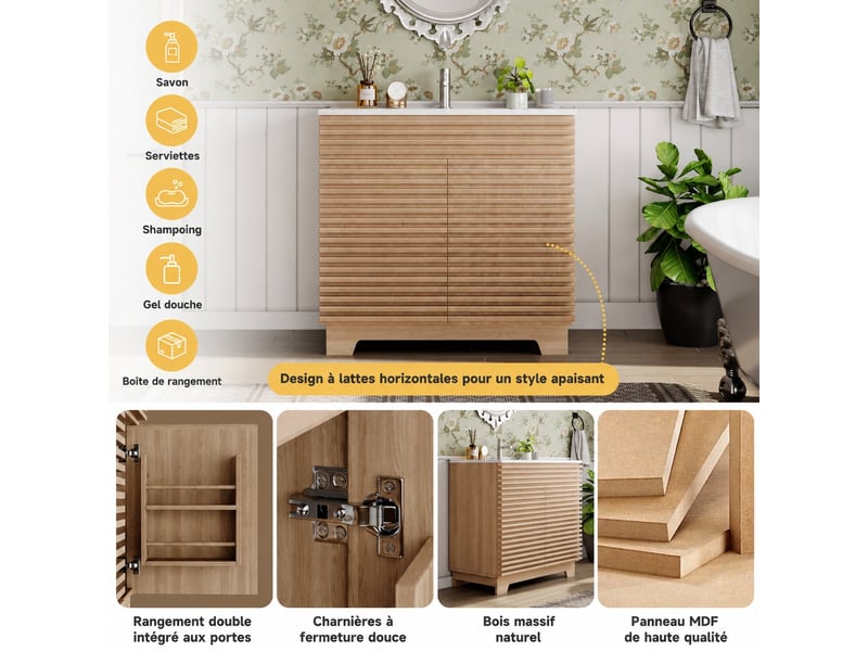  Meuble vasque 91 cm effet bois naturel avec vasque intégrée et 2 portes, 91 x 46 x 80 cm  - Conforama E