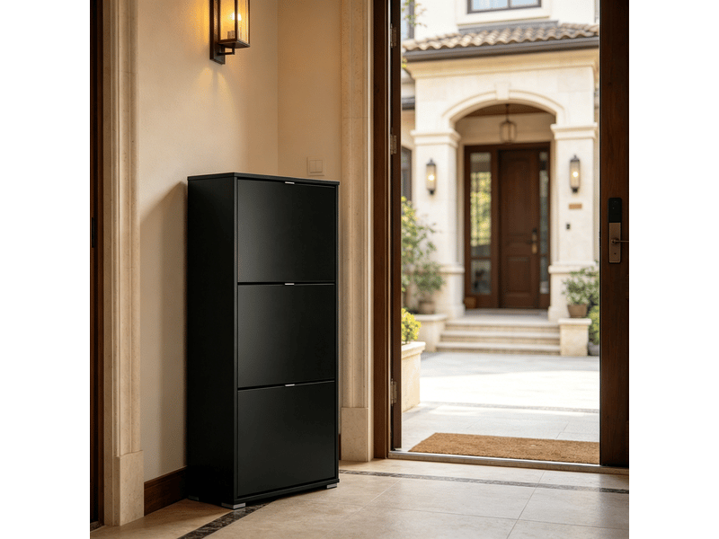  Meuble à chaussures 3 abattants avec cloisons réglables - lpospi - plateau vide-poches mdf noir 60 × 26 × 124 cm  - Conforama C