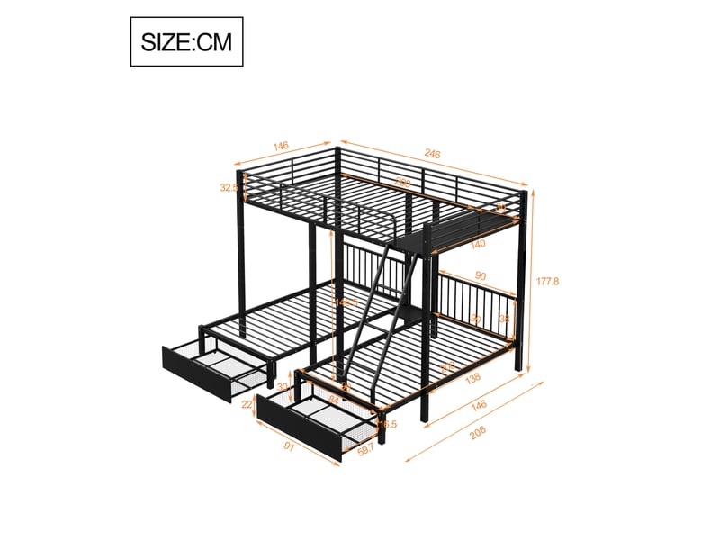  Lit superposé triple séparable, couchages 140x200 et 90x200 cm, métal, 2 tiroirs  - Conforama E