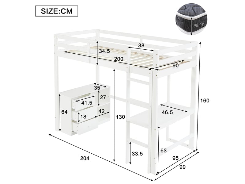  Modenvie lit mezzanine enfant 90x200 cm - avec bureau intégré, armoire à tiroirs, sans matelas - blanc  - Conforama C