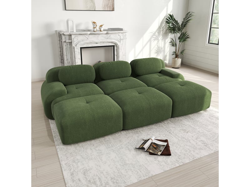 Canapé modulable 3 places modenvie avec 3 poufs vert en velours côtelé 298 x 178 x 70 cm - Conforama B