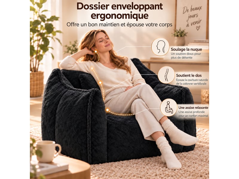 Fauteuil pouf paresseux en fausse fourrure, sans montage, rempli de mousse déchiquetée haute densité, design ergonomique,noir  - Conforama E