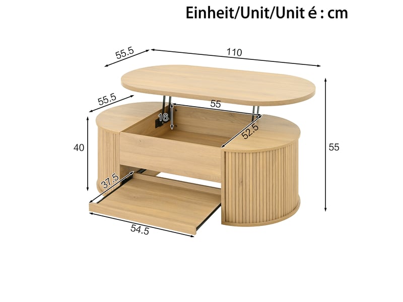  Table basse relevable, table basse avec côtés en bois incurvés, étagère coulissante, plateau relevable, meuble de salon multifonctionnel.  - Conforama C