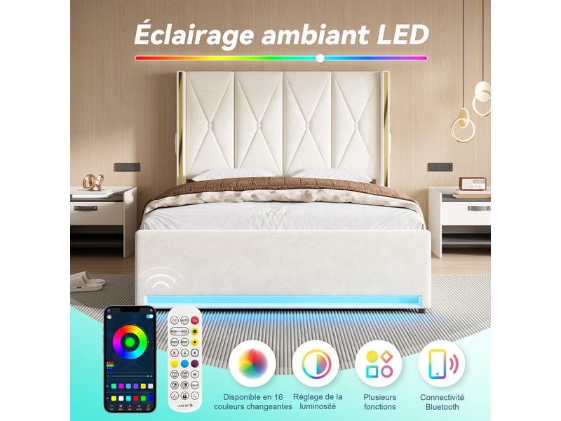 Lit coffre double 160×200 cm avec usb, type-c, led réglable et poches - okmyhome- beige, sans matelas  - Conforama E