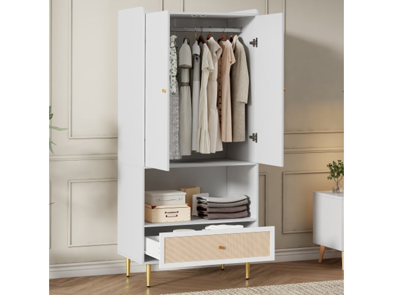  Armoire blanche 2 portes avec grand tiroir en rotin et barre de penderie, 80x48x175 cm, pour chambre et salon  - Conforama D