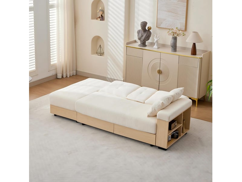  Canapé d'angle convertible 3 places avec dossier réglable, rangement, tiroirs et porte-gobelets en tissu chenille beige  - Conforama D