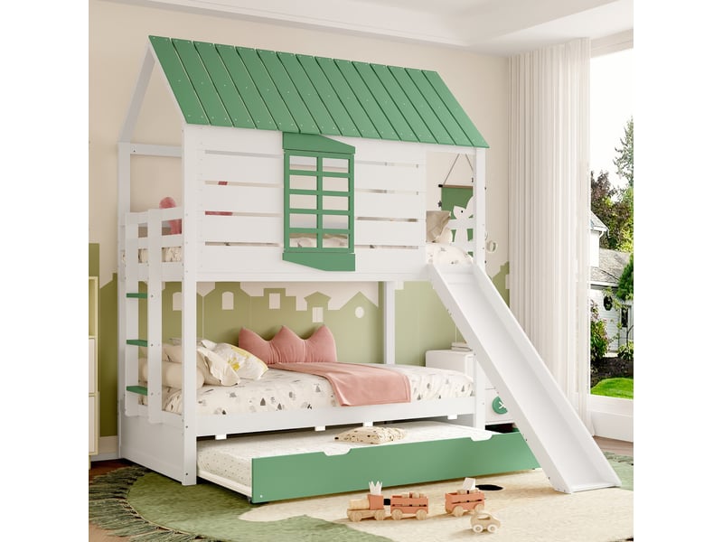 Lit superposé enfant 90x200 cm blanc et vert avec toboggan et lit gigogne  - Conforama E