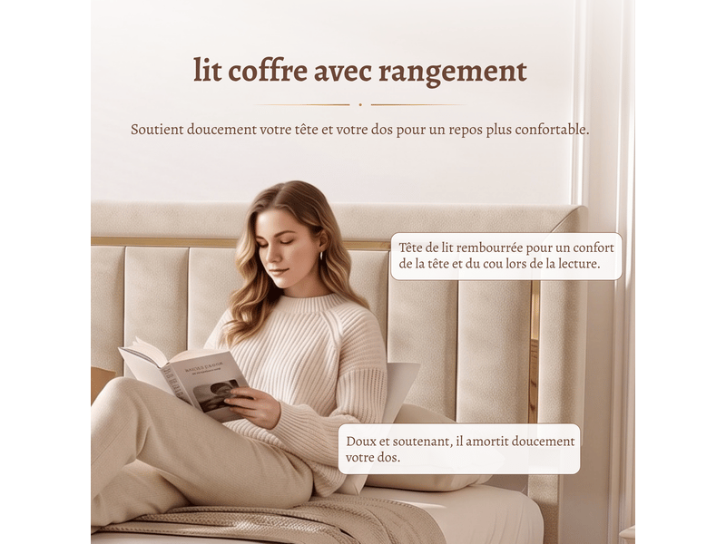 Lit coffre 140x200 cm, lit double rembourré avec rangement, lit coffre hydraulique - sommier à lattes - sans matelas - capacité de charge 300 kg - velours beige  - Conforama D