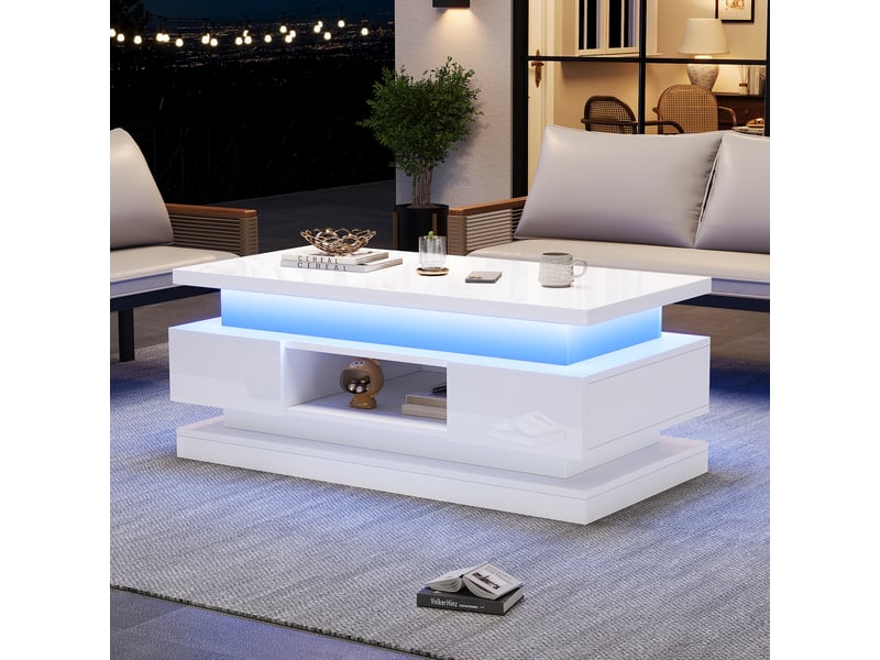  Table basse relevable 100x50x40 cm, table de salon blanche avec plateau brillant, 2 tiroirs et led  - Conforama R