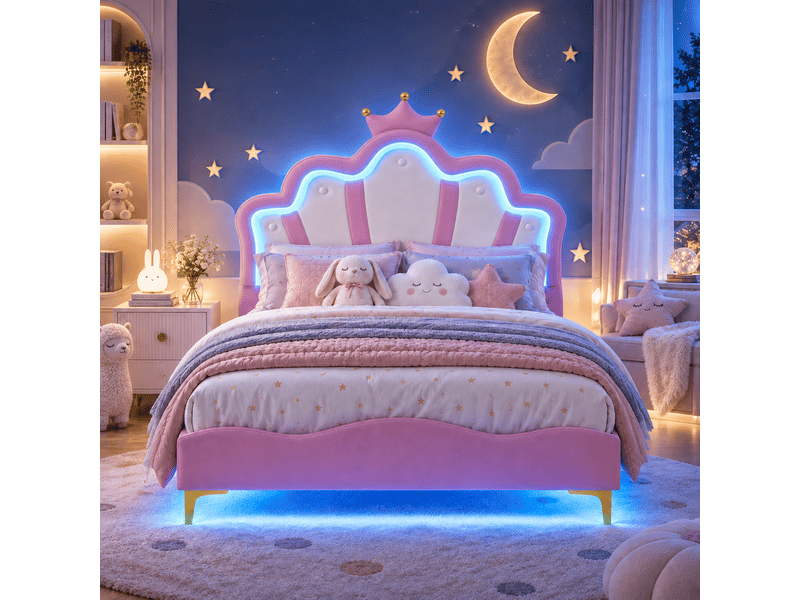  Lit enfant 140x190 avec sommier - éclairage led rgb - lit fille princesse avec tête de lit réglable - décor couronne -similicuir - lit enfant 140x190 avec led réglables -lit fille avec tête de lit en forme de couronne -lit une p…  - Conforama E