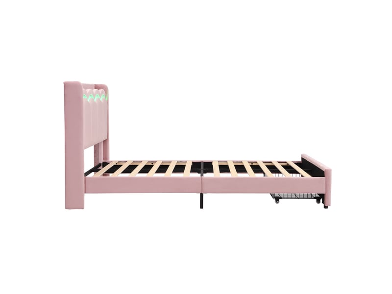  Lit enfant 90x200 cm avec 1 tiroir et led, tête de lit, mdf et métal, velours couleur rose, sans matelas, moderne  - Conforama E