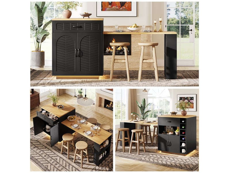  Îlot de cuisine noir avec table extensible 61-113cm, desserte de rangement avec éclairage led, tiroirs et casier à vin, mdf et métal  - Conforama C