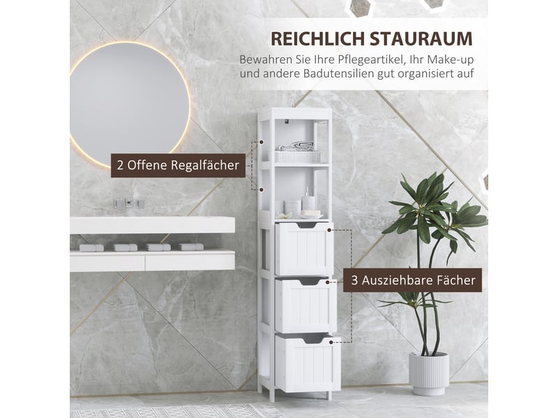  Armoire de salle de bain haute avec 3 tiroirs et 2 compartiments ouverts, 30 x 30 x 142,4 cm, blanche  - Conforama D