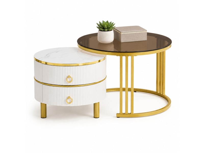  Table basse gigogne ronde 70x70x45 + 50x50x40 cm, 2 tiroirs et 1 plateau en verre trempé marron, coloris blanc  - Conforama A