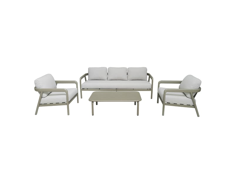Salon de jardin bas 5p en aluminium kaki clair et tissu beige chiné lindos 601030 - Conforama A