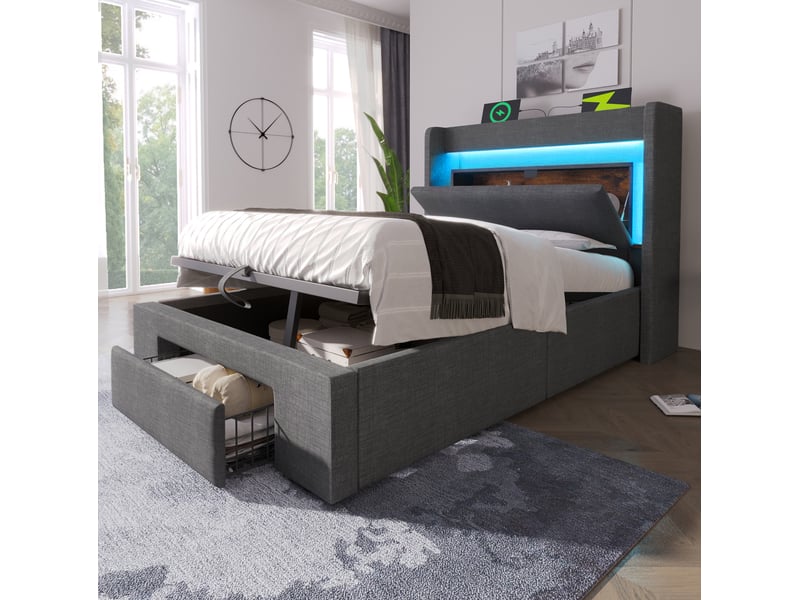 Lit coffre adulte 90x200 cm – gris – led, ports usbusb-c, rangements et matelas inclus - Conforama B