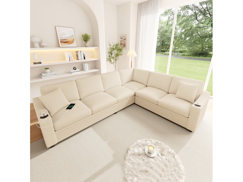 Canapé d'angle modulaire 6 places avec prises usb et type-c, porte-gobelets et coussins en velours côtelé beige - Conforama D